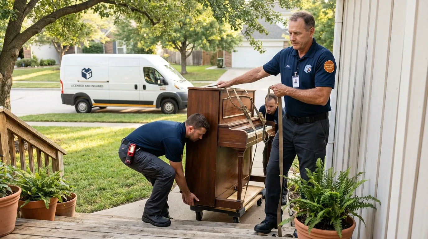 Licensed piano movers securing grand piano in Leeds, AL