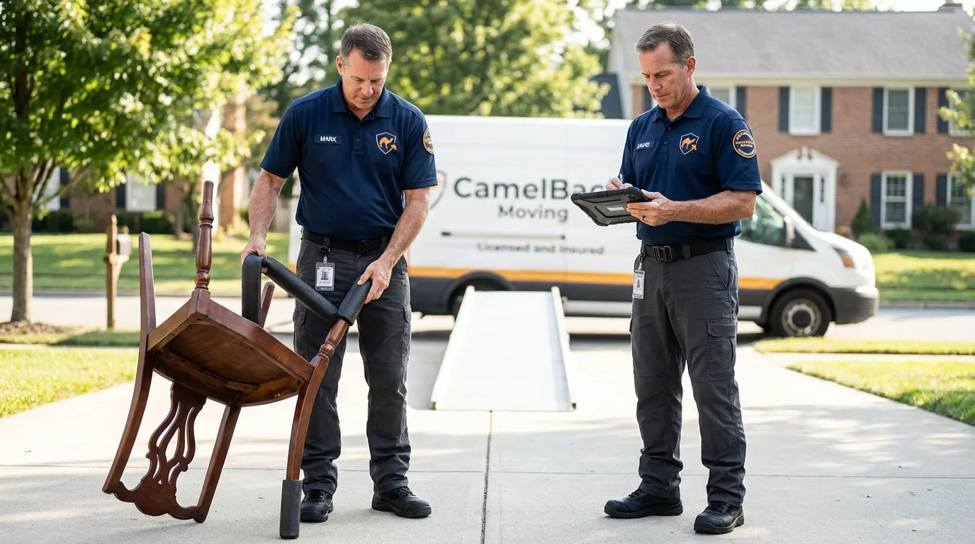 Movers inspecting furniture for damage prevention before loading in Leeds, AL